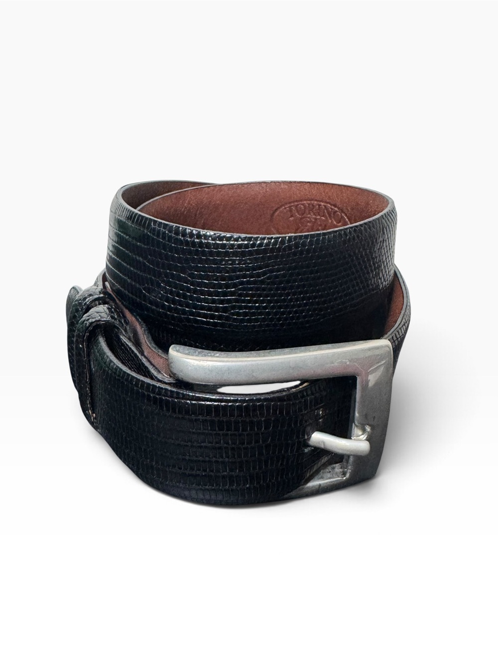 Torino Ringmark Lizard Leather Belt Black Size 32 Model 3510 Solid Brass Buckle